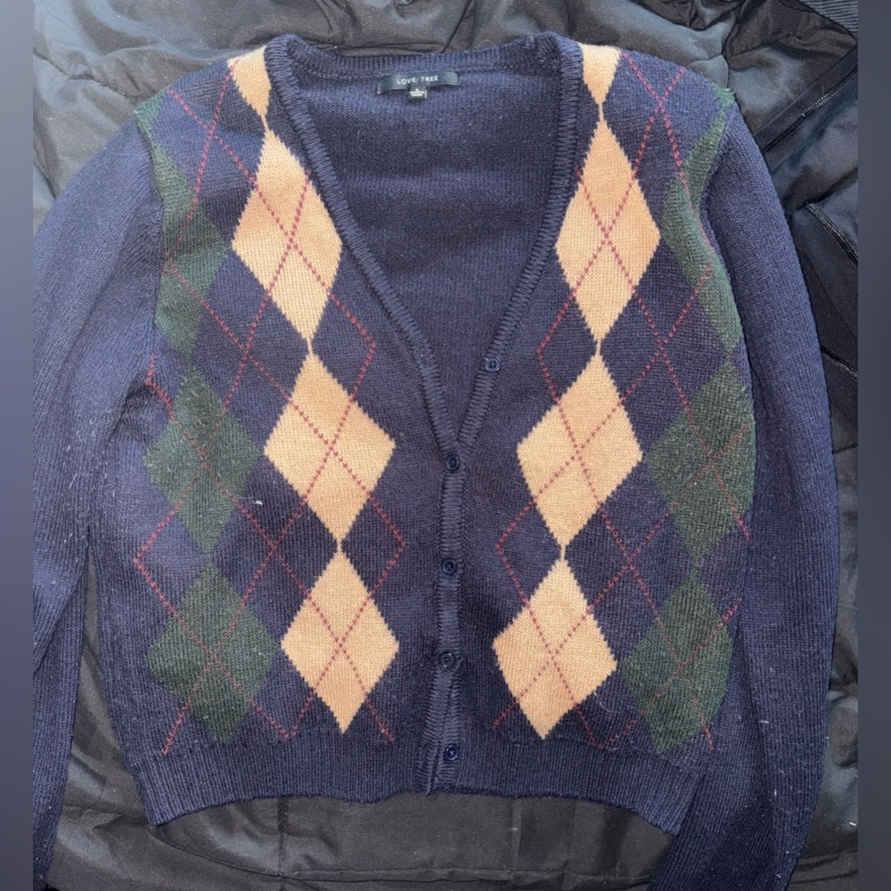 Love Tree Navy and Tan Argyle Cardigan